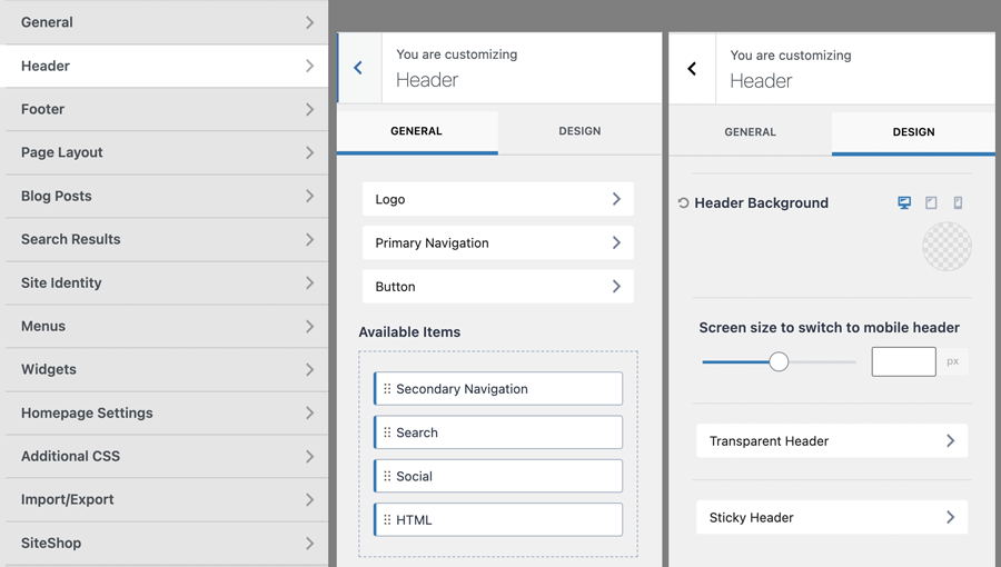 header settings